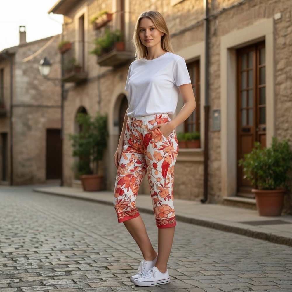 Susan Graver Liquid Knit Crop Pants Red Orange Floral Petite Medium PM Elastic